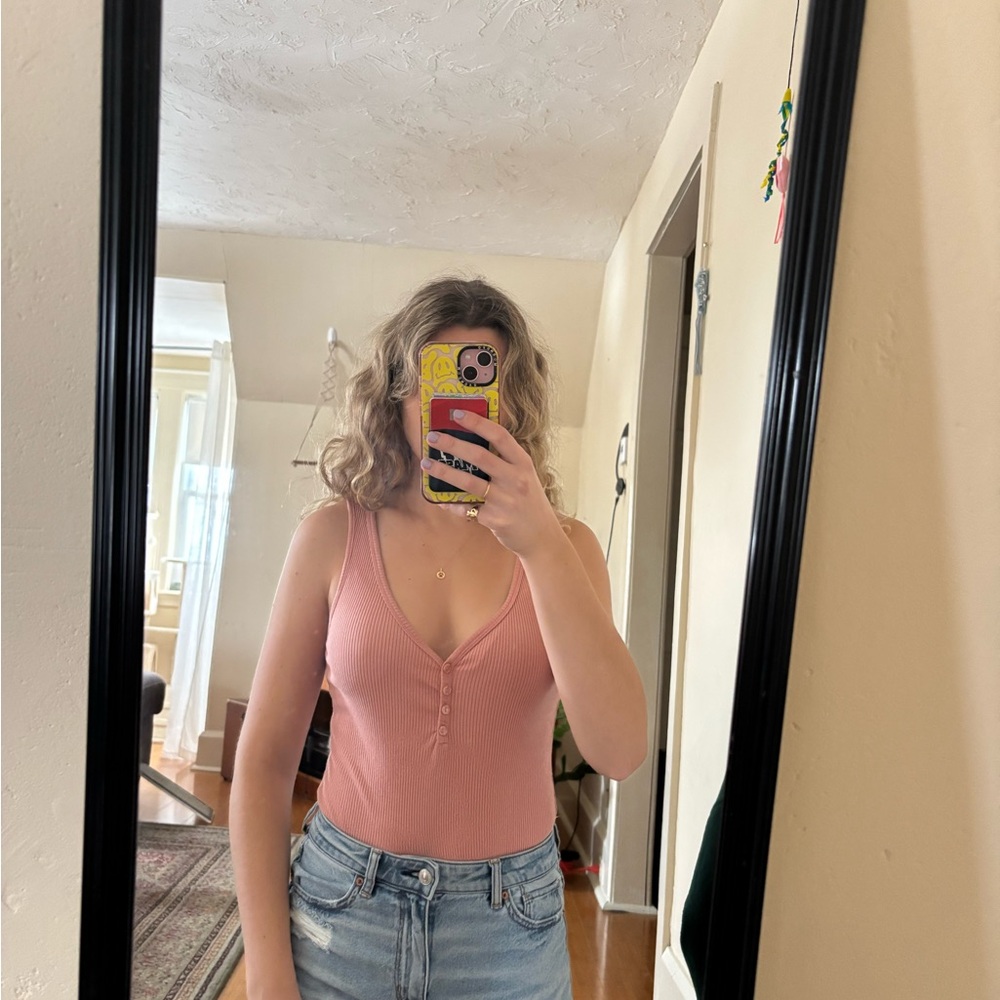 Ambiance Ribbed V-Neck Button-Front Bodysuit in Dusty Pink